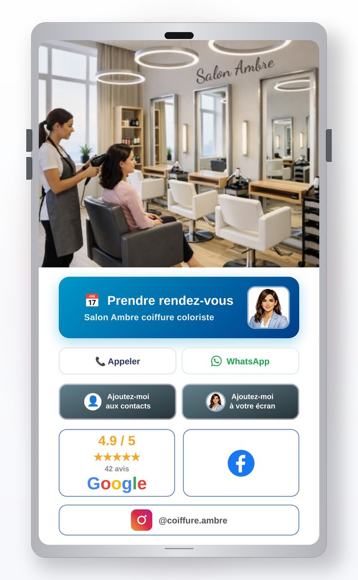 Exemple de carte de visite digitale envoyée par Éloïse, à l'image d'un salon de coiffure